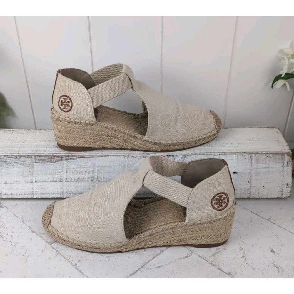 Tory Burch Catalina Canvas Wedge Espadrille Natural Ivory Beige Size 8 EUC